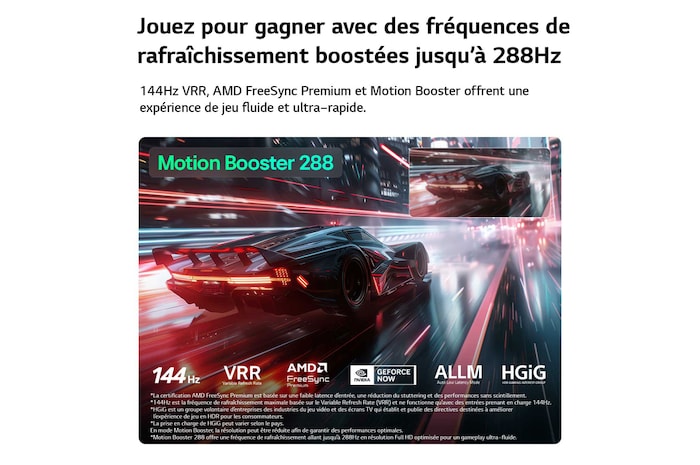 Een LG QNED evo AI QNED82 Mini LED voor ultieme gameplay toont een levendige, supersnelle racescène met een wazige vergelijkingsinzet die Motion Booster 288 benadrukt, terwijl het 144Hz, VRR, AMD FreeSync, ALLM, HGiG en GeForce NOW ondersteunt.